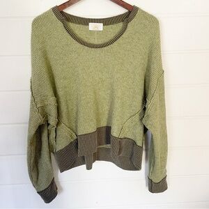 Sunny Days Green Color-block Scoop Neck Waffle Knit  Long Sleeve Top Tee L-XL